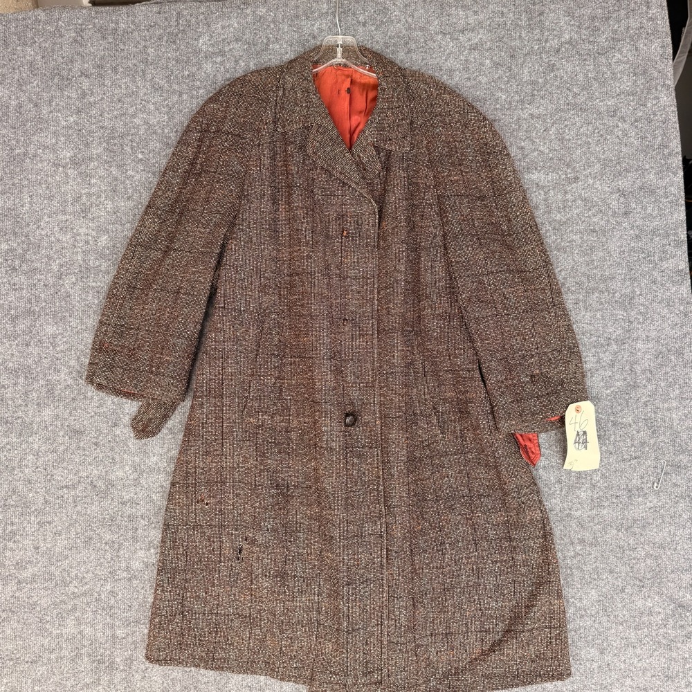 Vintage Charing Cross Overcoat Men 46 Brown Lined Tweed Long Sleeve Button Front